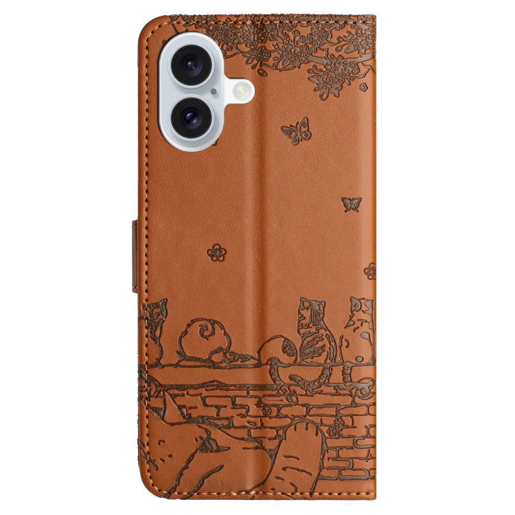 For iPhone 16 Cat Embossing Pattern Leather Phone Case with Lanyard(Brown) - iPhone 16 Cases by PMC Jewellery | Online Shopping South Africa | PMC Jewellery | Buy Now Pay Later Mobicred