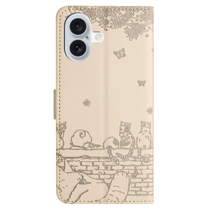 For iPhone 16 Cat Embossing Pattern Leather Phone Case with Lanyard(Beige) - iPhone 16 Cases by PMC Jewellery | Online Shopping South Africa | PMC Jewellery | Buy Now Pay Later Mobicred