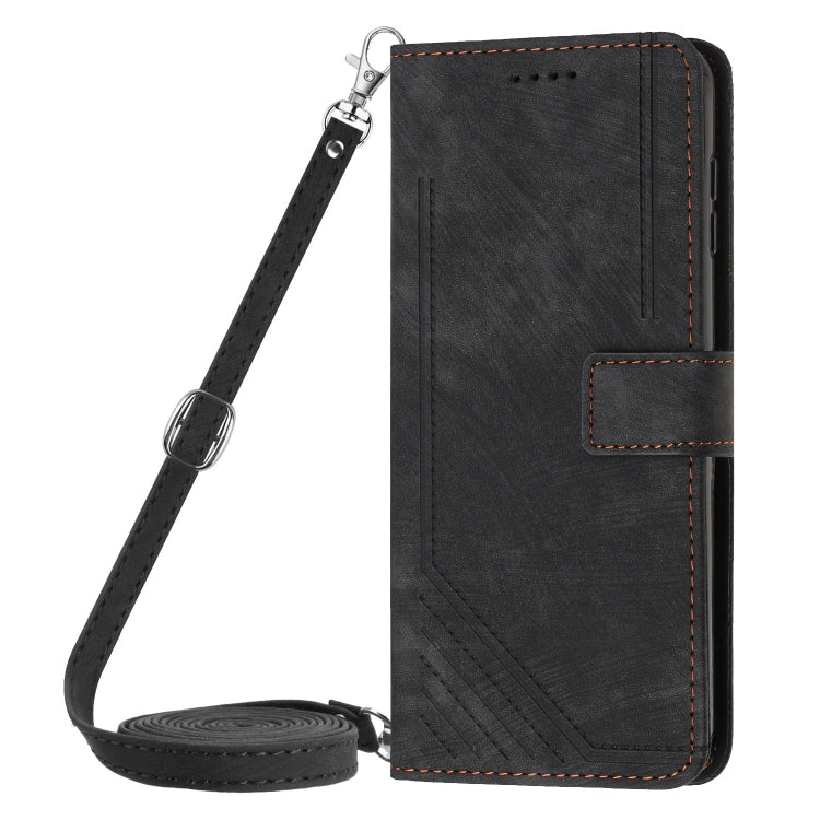 For Infinix Smart 8 Skin Feel Stripe Pattern Leather Phone Case with Lanyard(Black) - Infinix Cases by PMC Jewellery | Online Shopping South Africa | PMC Jewellery | Buy Now Pay Later Mobicred