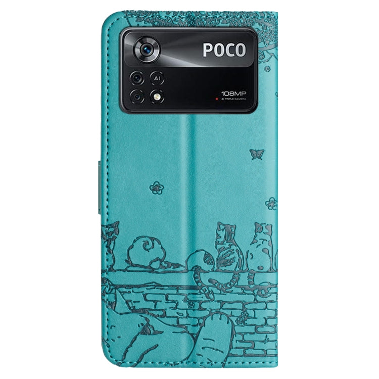 For Xiaomi Poco X4 Pro 5G Cat Embossing Pattern Leather Phone Case with Lanyard(Blue) - Xiaomi Cases by PMC Jewellery | Online Shopping South Africa | PMC Jewellery | Buy Now Pay Later Mobicred