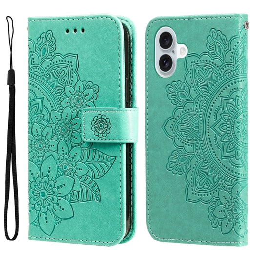 For iPhone 16 Plus 7-petal Flowers Embossing Leather Phone Case(Green) - iPhone 16 Plus Cases by PMC Jewellery | Online Shopping South Africa | PMC Jewellery | Buy Now Pay Later Mobicred