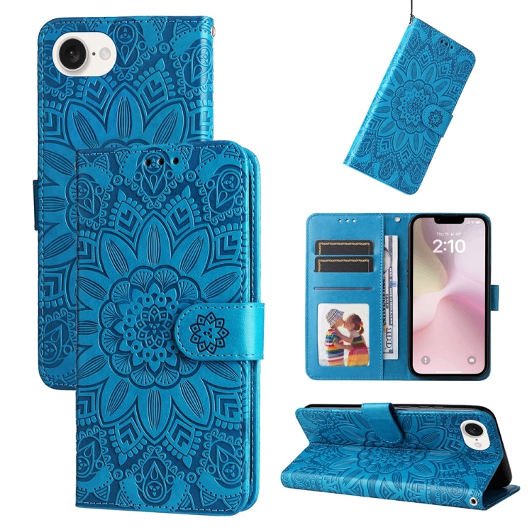 For iPhone 16e Embossed Sunflower Leather Phone Case(Blue) - iPhone 16e Cases by PMC TechLife | Online Shopping South Africa | PMC TechLife | Buy Now Pay Later Mobicred