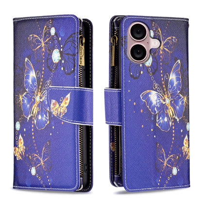 For iPhone 16 Colored Drawing Pattern Zipper Phone Leather Case(Purple Butterfly) - iPhone 16 Cases by PMC Jewellery | Online Shopping South Africa | PMC Jewellery | Buy Now Pay Later Mobicred