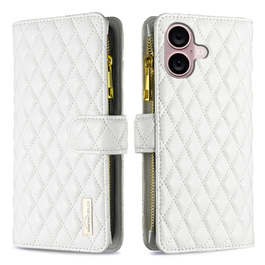 For iPhone 16 Plus Diamond Lattice Zipper Wallet Leather Flip Phone Case(White) - iPhone 16 Plus Cases by PMC Jewellery | Online Shopping South Africa | PMC Jewellery | Buy Now Pay Later Mobicred