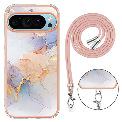 For Google Pixel 9 Pro XL Electroplating IMD TPU Phone Case with Lanyard(White Marble) - Google Cases by PMC Jewellery | Online Shopping South Africa | PMC Jewellery | Buy Now Pay Later Mobicred