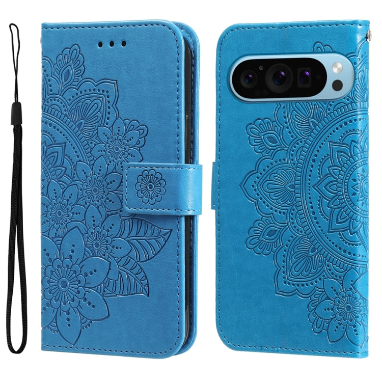 For Google Pixel 9 7-petal Flowers Embossing Leather Phone Case(Blue) - Google Cases by PMC Jewellery | Online Shopping South Africa | PMC Jewellery | Buy Now Pay Later Mobicred