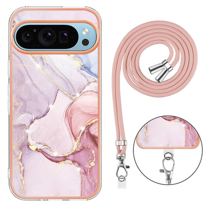 For Google Pixel 9 / 9 Pro Electroplating Marble Dual-side IMD Phone Case with Lanyard(Rose Gold 005) - Google Cases by PMC Jewellery | Online Shopping South Africa | PMC Jewellery | Buy Now Pay Later Mobicred