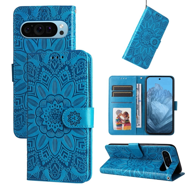 For Google Pixel 9 Embossed Sunflower Leather Phone Case(Blue) - Google Cases by PMC Jewellery | Online Shopping South Africa | PMC Jewellery | Buy Now Pay Later Mobicred