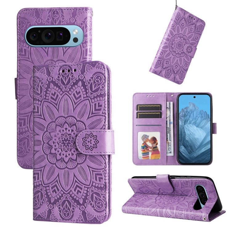 For Google Pixel 9 Embossed Sunflower Leather Phone Case(Purple) - Google Cases by PMC Jewellery | Online Shopping South Africa | PMC Jewellery | Buy Now Pay Later Mobicred