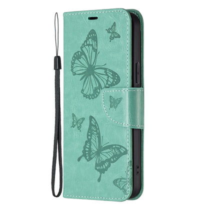 For iPhone 16 Embossing Two Butterflies Pattern Leather Phone Case(Green) - iPhone 16 Cases by PMC Jewellery | Online Shopping South Africa | PMC Jewellery | Buy Now Pay Later Mobicred