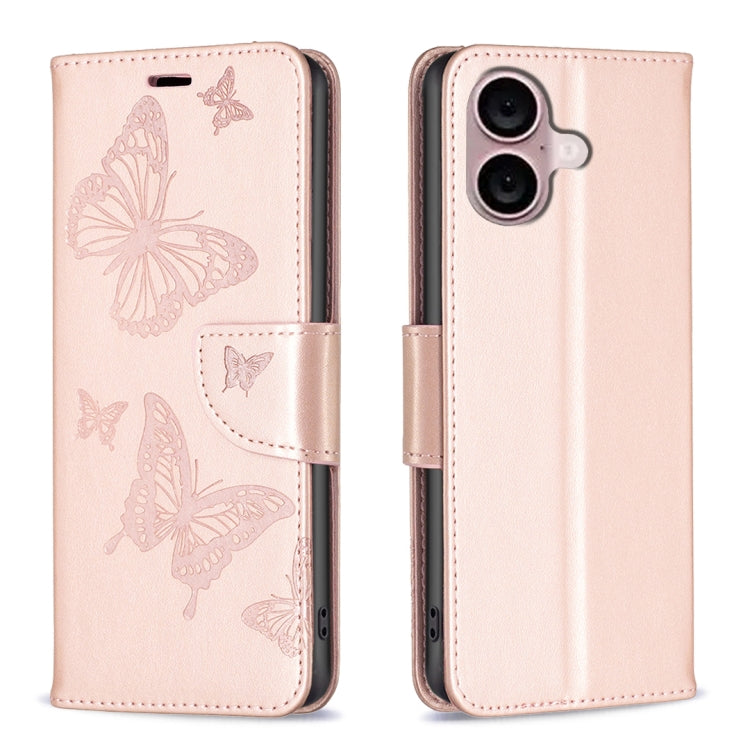 For iPhone 16 Embossing Two Butterflies Pattern Leather Phone Case(Rose Gold) - iPhone 16 Cases by PMC TechLife | Online Shopping South Africa | PMC TechLife | Buy Now Pay Later Mobicred