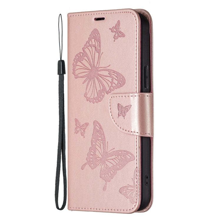 For iPhone 16 Embossing Two Butterflies Pattern Leather Phone Case(Rose Gold) - iPhone 16 Cases by PMC TechLife | Online Shopping South Africa | PMC TechLife | Buy Now Pay Later Mobicred