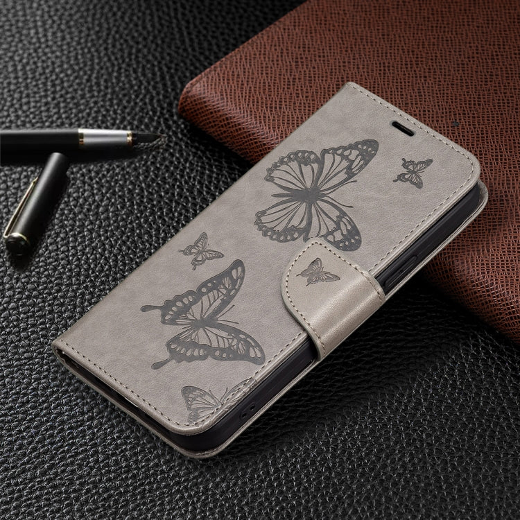 For iPhone 16 Embossing Two Butterflies Pattern Leather Phone Case(Grey) - iPhone 16 Cases by PMC TechLife | Online Shopping South Africa | PMC TechLife | Buy Now Pay Later Mobicred