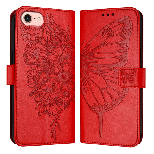 For iPhone SE 2024 Embossed Butterfly Leather Phone Case(Red) - More iPhone Cases by PMC Jewellery | Online Shopping South Africa | PMC Jewellery | Buy Now Pay Later Mobicred