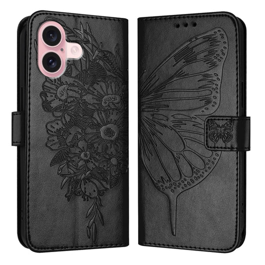 For iPhone 16 Embossed Butterfly Leather Phone Case(Black) - iPhone 16 Cases by PMC Jewellery | Online Shopping South Africa | PMC Jewellery | Buy Now Pay Later Mobicred