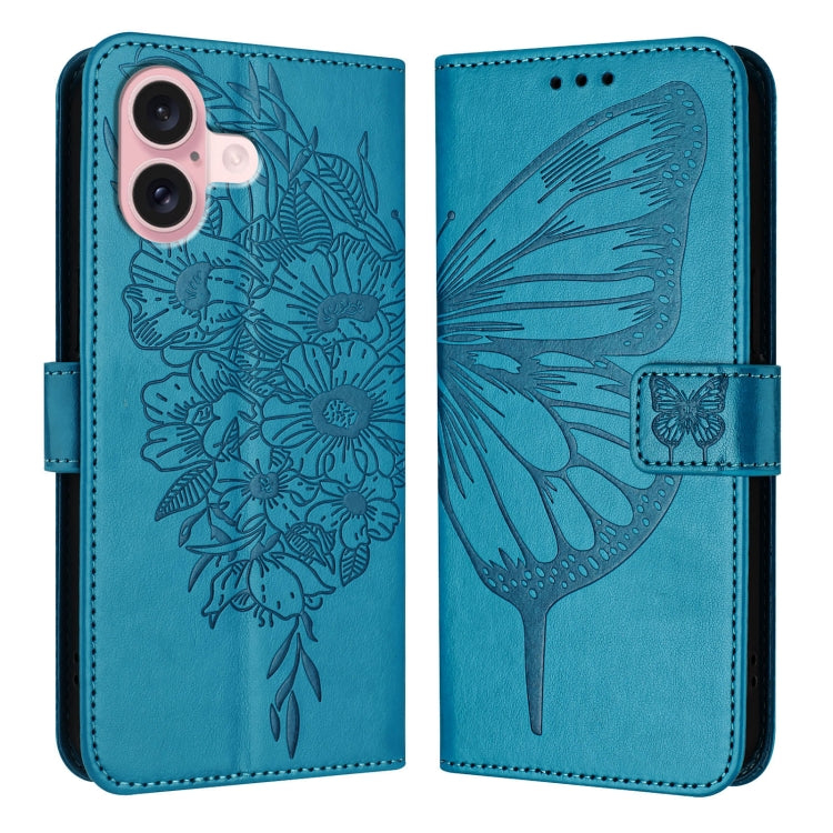 For iPhone 16 Embossed Butterfly Leather Phone Case(Blue) - iPhone 16 Cases by PMC Jewellery | Online Shopping South Africa | PMC Jewellery | Buy Now Pay Later Mobicred