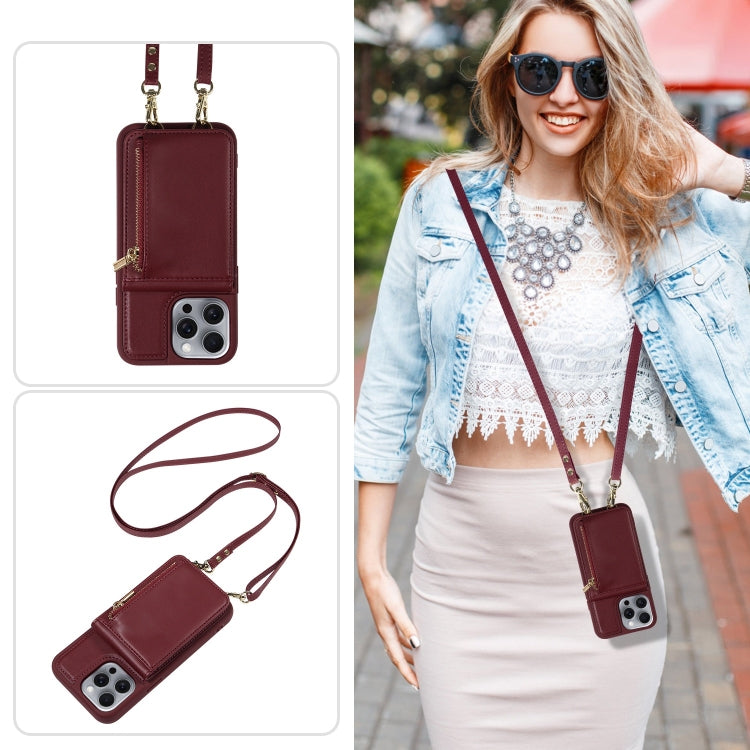 For iPhone 16 Pro Max Crossbody Lanyard Zipper Wallet Leather Phone Case(Wine Red) - iPhone 16 Pro Max Cases by PMC Jewellery | Online Shopping South Africa | PMC Jewellery | Buy Now Pay Later Mobicred