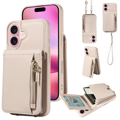 For iPhone 16 Crossbody Lanyard Zipper Wallet Leather Phone Case(Beige) - iPhone 16 Cases by PMC Jewellery | Online Shopping South Africa | PMC Jewellery | Buy Now Pay Later Mobicred