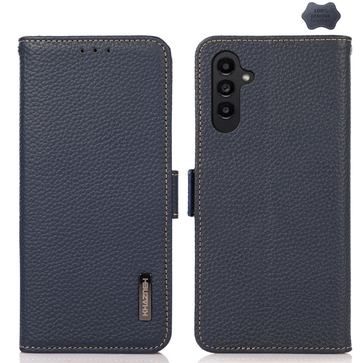 For Samsung Galaxy S24 KHAZNEH Side-Magnetic Litchi Genuine Leather RFID Phone Case(Blue) - Galaxy Phone Cases by PMC Jewellery | Online Shopping South Africa | PMC Jewellery | Buy Now Pay Later Mobicred