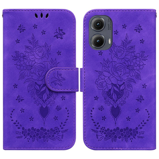 For Motorola Edge 2024 Butterfly Rose Embossed Leather Phone Case(Purple) - Motorola Cases by PMC Jewellery | Online Shopping South Africa | PMC Jewellery | Buy Now Pay Later Mobicred