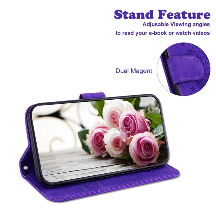 For Motorola Edge 2024 Butterfly Rose Embossed Leather Phone Case(Purple) - Motorola Cases by PMC Jewellery | Online Shopping South Africa | PMC Jewellery | Buy Now Pay Later Mobicred