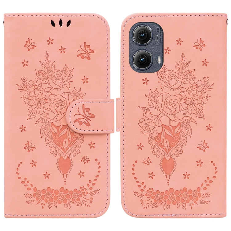 For Motorola Edge 2024 Butterfly Rose Embossed Leather Phone Case(Pink) - Motorola Cases by PMC Jewellery | Online Shopping South Africa | PMC Jewellery | Buy Now Pay Later Mobicred