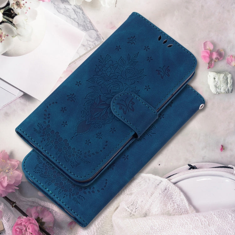 For OPPO Reno11 Pro 5G Global Butterfly Rose Embossed Leather Phone Case(Blue) - Reno11 Pro Cases by PMC Jewellery | Online Shopping South Africa | PMC Jewellery | Buy Now Pay Later Mobicred