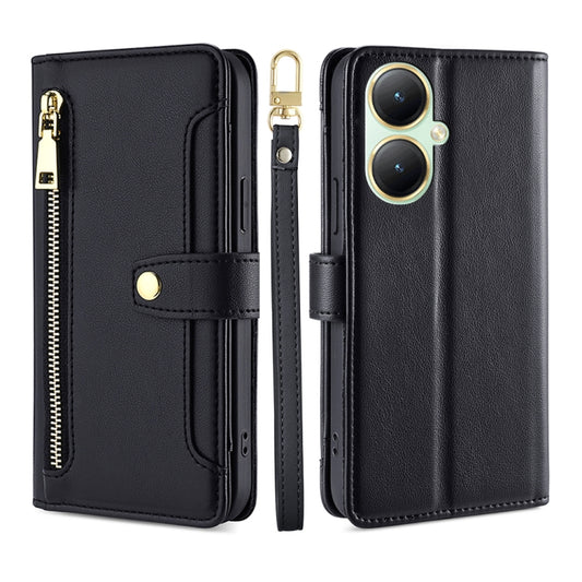 For vivo Y35+ 5G Lite Sheep Texture Cross-body Zipper Wallet Leather Phone Case(Black) - vivo Cases by PMC Jewellery | Online Shopping South Africa | PMC Jewellery | Buy Now Pay Later Mobicred