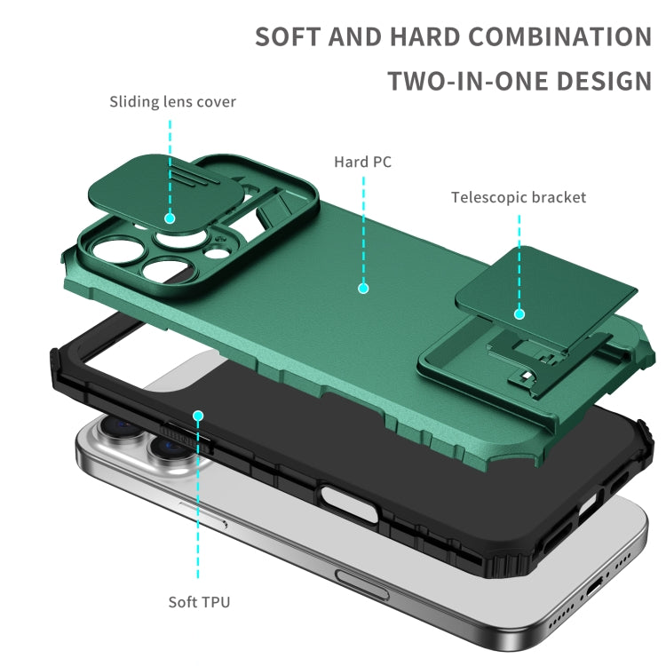 For iPhone 16 Pro Stereoscopic Holder Sliding Camshield Phone Case(Green) - free shipping - PMC TechLife - Order now!