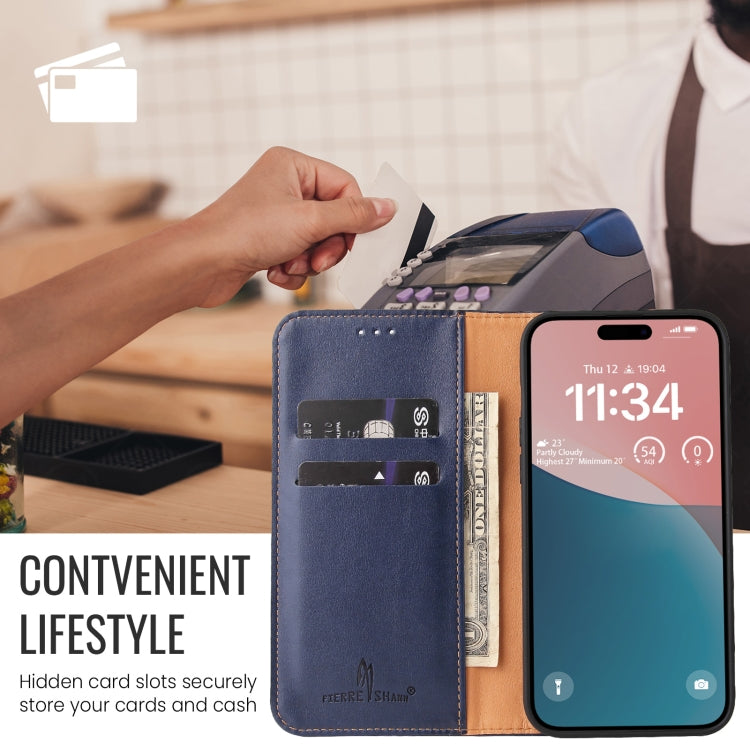 For iPhone 16 Plus Fierre Shann PU Genuine Leather Texture Phone Case(Blue) - iPhone 16 Plus Cases by FIERRE SHANN | Online Shopping South Africa | PMC Jewellery | Buy Now Pay Later Mobicred