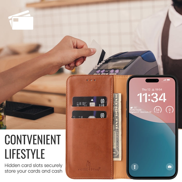 For iPhone 16 Plus Fierre Shann PU Genuine Leather Texture Phone Case(Brown) - iPhone 16 Plus Cases by FIERRE SHANN | Online Shopping South Africa | PMC Jewellery | Buy Now Pay Later Mobicred