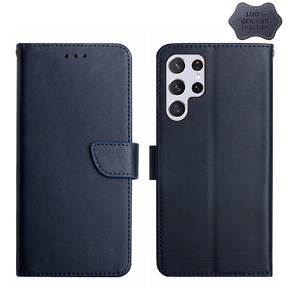 For Samsung Galaxy S24 Ultra 5G HT02 Genuine Leather Fingerprint-proof Flip Phone Case(Blue) - Galaxy S24 Ultra 5G Cases by PMC Jewellery | Online Shopping South Africa | PMC Jewellery | Buy Now Pay Later Mobicred