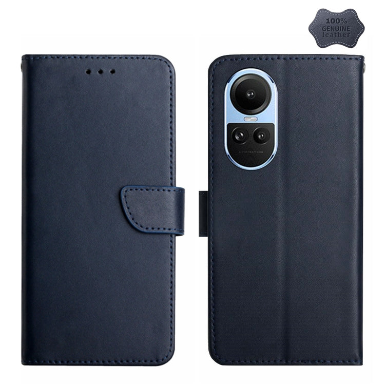 For OPPO Reno10 Global / Reno10 Pro Global HT02 Genuine Leather Fingerprint-proof Flip Phone Case(Blue) - OPPO Cases by PMC Jewellery | Online Shopping South Africa | PMC Jewellery