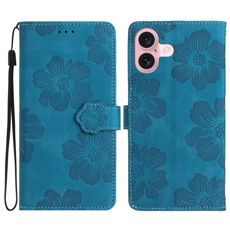 For iPhone 16 Plus Flower Embossing Pattern Leather Phone Case(Blue) - iPhone 16 Plus Cases by PMC TechLife | Online Shopping South Africa | PMC TechLife | Buy Now Pay Later Mobicred