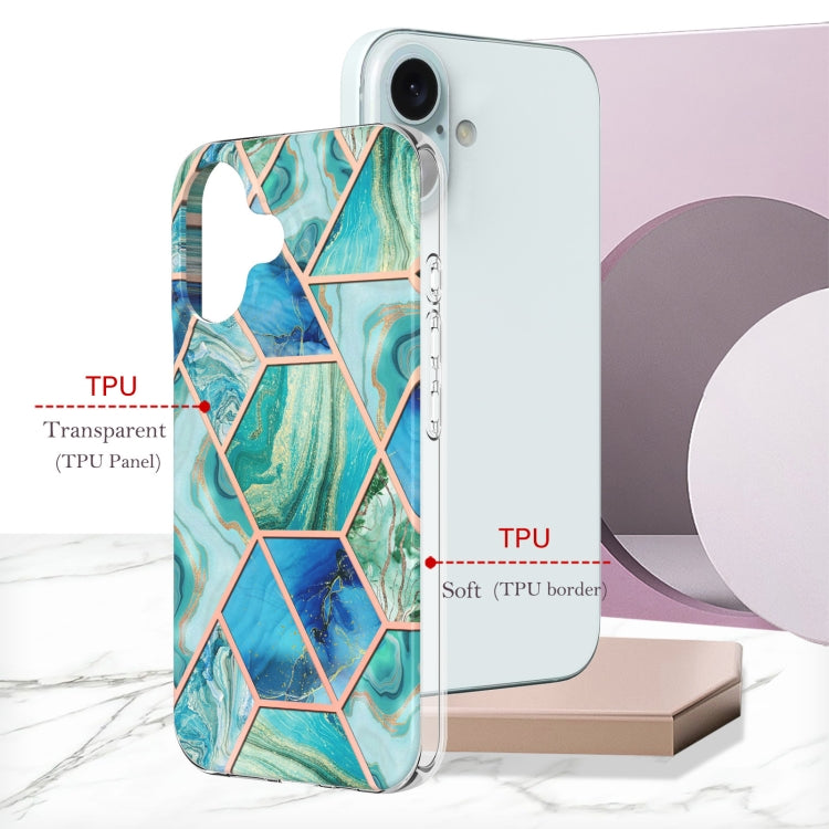 For iPhone 16 Plus Electroplating Splicing Marble Flower Pattern Dual-side IMD TPU Shockproof Phone Case(Green) - iPhone 16 Plus Cases by PMC Jewellery | Online Shopping South Africa | PMC Jewellery | Buy Now Pay Later Mobicred