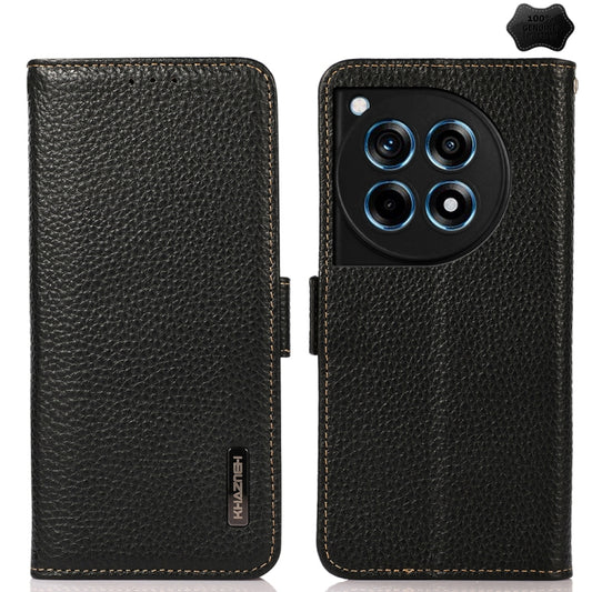 For OnePlus 12R KHAZNEH Side-Magnetic Litchi Genuine Leather RFID Phone Case(Black) - OnePlus Cases by PMC Jewellery | Online Shopping South Africa | PMC Jewellery | Buy Now Pay Later Mobicred