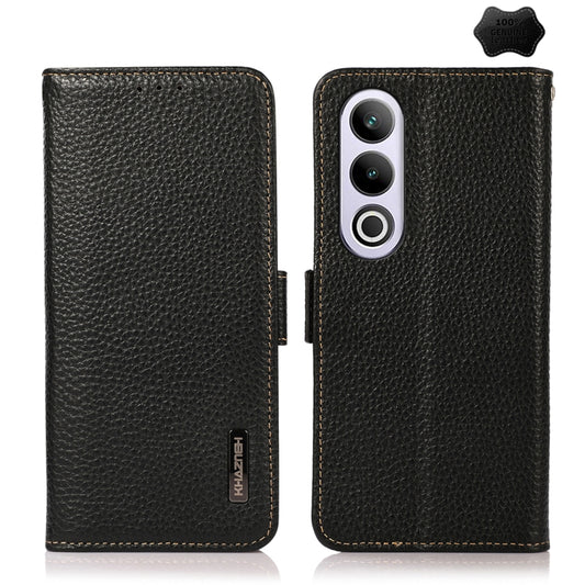 For OnePlus CE4 5G Global KHAZNEH Side-Magnetic Litchi Genuine Leather RFID Phone Case(Black) - OnePlus Cases by PMC Jewellery | Online Shopping South Africa | PMC Jewellery | Buy Now Pay Later Mobicred