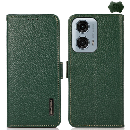 For Motorola Moto G24 KHAZNEH Side-Magnetic Litchi Genuine Leather RFID Phone Case(Green) - Motorola Cases by PMC Jewellery | Online Shopping South Africa | PMC Jewellery | Buy Now Pay Later Mobicred