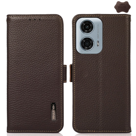 For Motorola Moto G34 KHAZNEH Side-Magnetic Litchi Genuine Leather RFID Phone Case(Brown) - Motorola Cases by PMC Jewellery | Online Shopping South Africa | PMC Jewellery | Buy Now Pay Later Mobicred