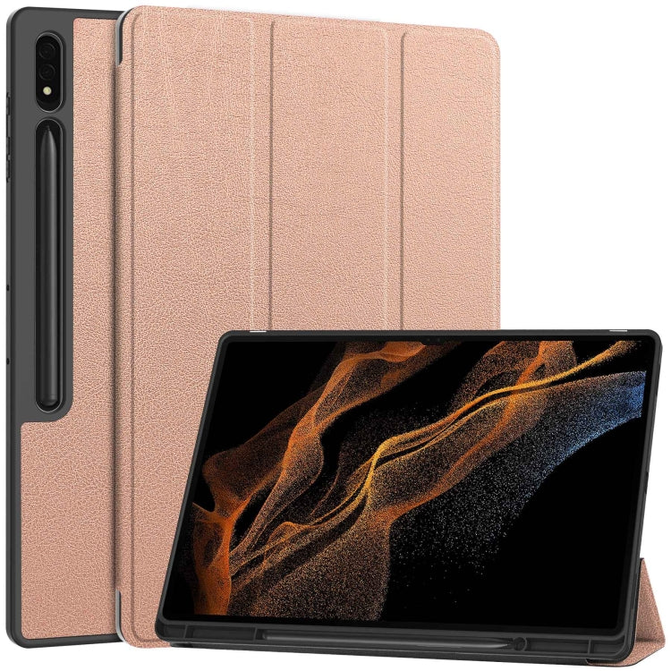 For Samsung Galaxy Tab S10 Ultra / S9 Ultra 3-Fold Pure Color TPU Smart Leather Tablet Case with Pen Slot(Rose Gold) - Galaxy Tab S9 Ultra Cases by PMC Jewellery | Online Shopping South Africa | PMC Jewellery | Buy Now Pay Later Mobicred