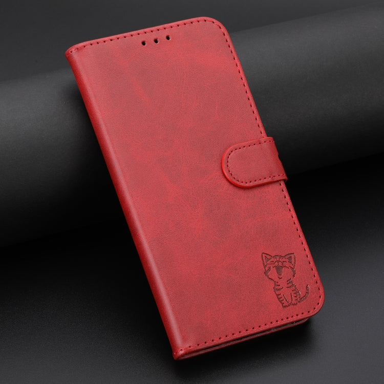 For iPhone SE 2024 Embossed Happy Cat Pattern Flip Leather Phone Case(Red) - More iPhone Cases by PMC Jewellery | Online Shopping South Africa | PMC Jewellery | Buy Now Pay Later Mobicred