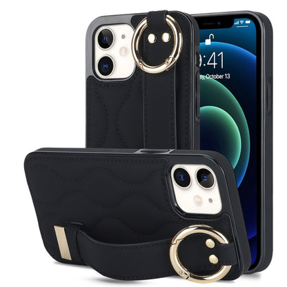 For iPhone 12 mini Non-slip Full Coverage Ring PU Phone Case with Wristband(Black) - iPhone 12 mini Cases by PMC Jewellery | Online Shopping South Africa | PMC Jewellery