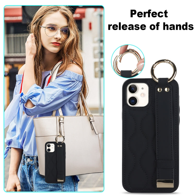 For iPhone 12 mini Non-slip Full Coverage Ring PU Phone Case with Wristband(Black) - iPhone 12 mini Cases by PMC Jewellery | Online Shopping South Africa | PMC Jewellery