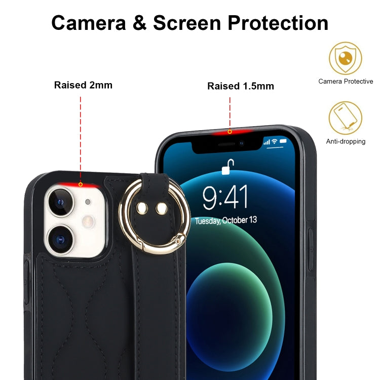 For iPhone 12 mini Non-slip Full Coverage Ring PU Phone Case with Wristband(Black) - iPhone 12 mini Cases by PMC Jewellery | Online Shopping South Africa | PMC Jewellery