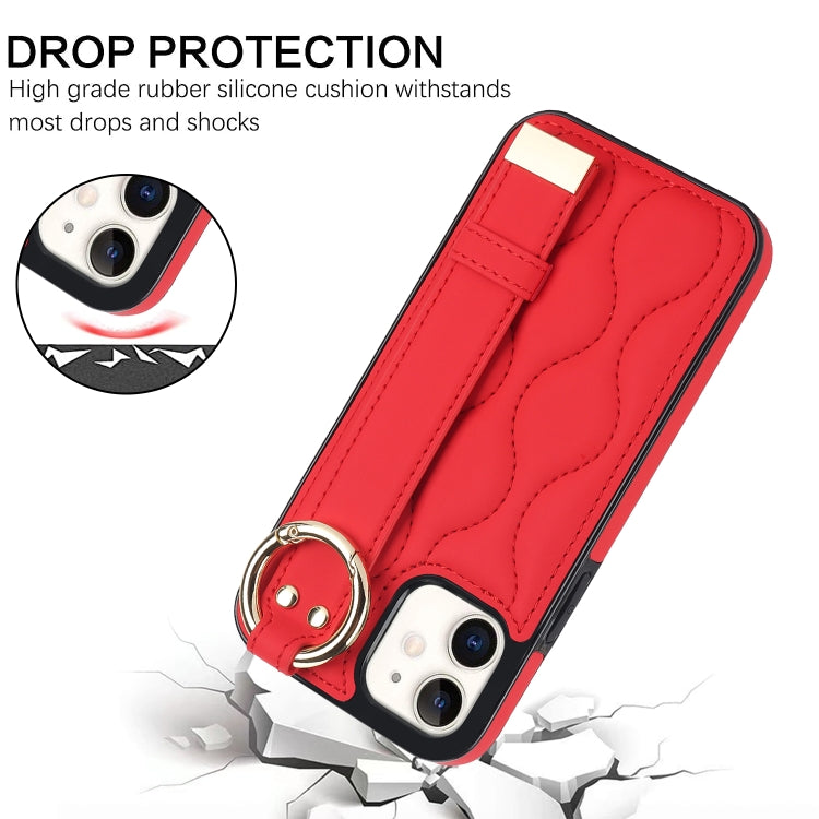 For iPhone 12 mini Non-slip Full Coverage Ring PU Phone Case with Wristband(Red) - iPhone 12 mini Cases by PMC Jewellery | Online Shopping South Africa | PMC Jewellery