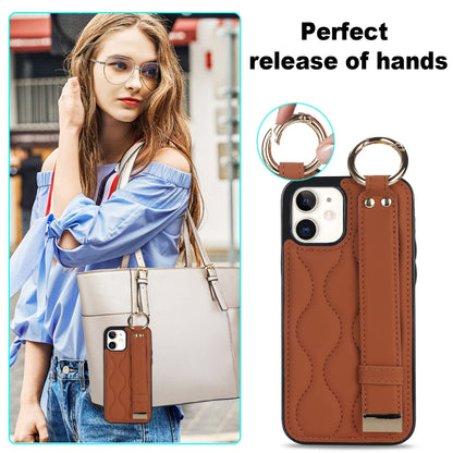 For iPhone 12 mini Non-slip Full Coverage Ring PU Phone Case with Wristband(Brown) - iPhone 12 mini Cases by PMC Jewellery | Online Shopping South Africa | PMC Jewellery