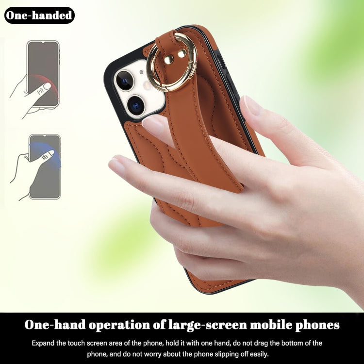 For iPhone 12 mini Non-slip Full Coverage Ring PU Phone Case with Wristband(Brown) - iPhone 12 mini Cases by PMC Jewellery | Online Shopping South Africa | PMC Jewellery