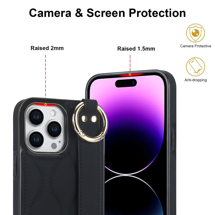 For iPhone 14 Pro Non-slip Full Coverage Ring PU Phone Case with Wristband(Black) - iPhone 14 Pro Cases by PMC Jewellery | Online Shopping South Africa | PMC Jewellery