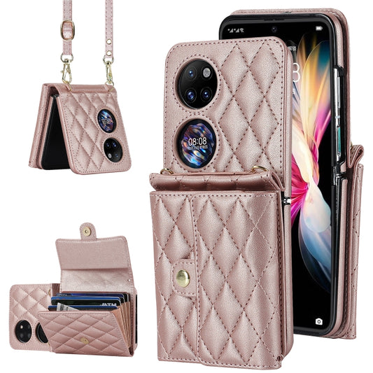 For Huawei P50 Pocket Rhombic Texture Card Bag PU Phone Case with Long Lanyard(Rose Gold) - Huawei Cases by PMC Jewellery | Online Shopping South Africa | PMC Jewellery | Buy Now Pay Later Mobicred