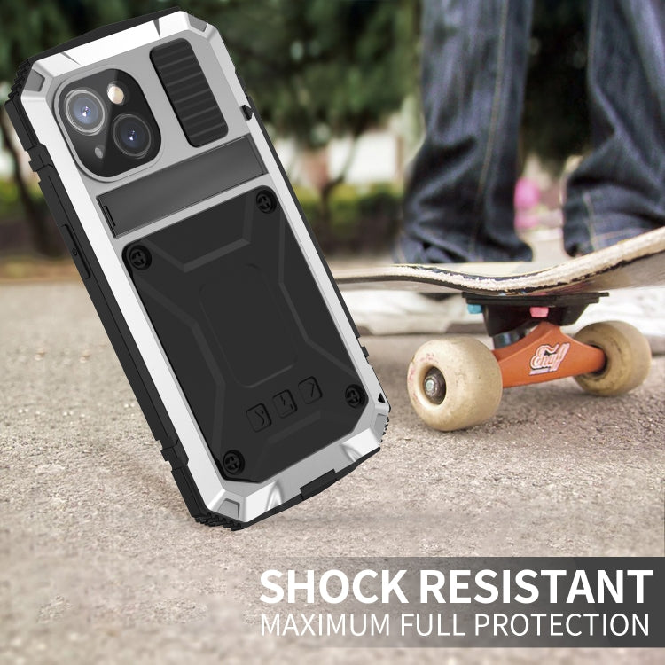 For iPhone 15 R-JUST Shockproof Life Waterproof Dust-proof Metal + Silicone Phone Case with Holder(Silver) - iPhone 15 Cases by R-JUST | Online Shopping South Africa | PMC Jewellery